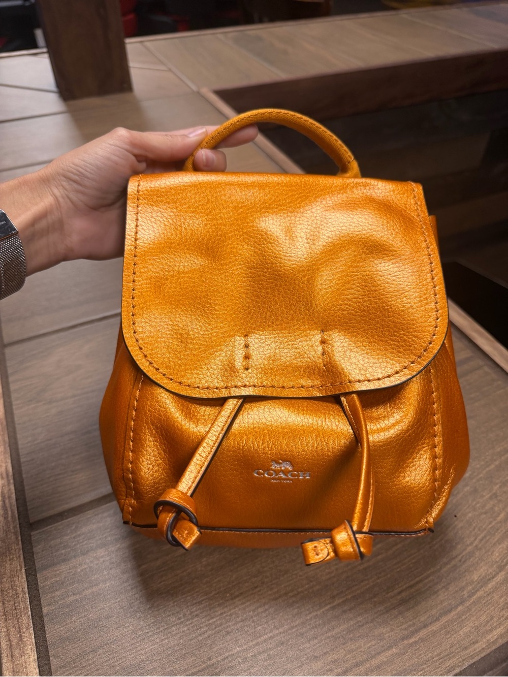 Coach Derby Metallic Tangerine Pebble Leather Backpack